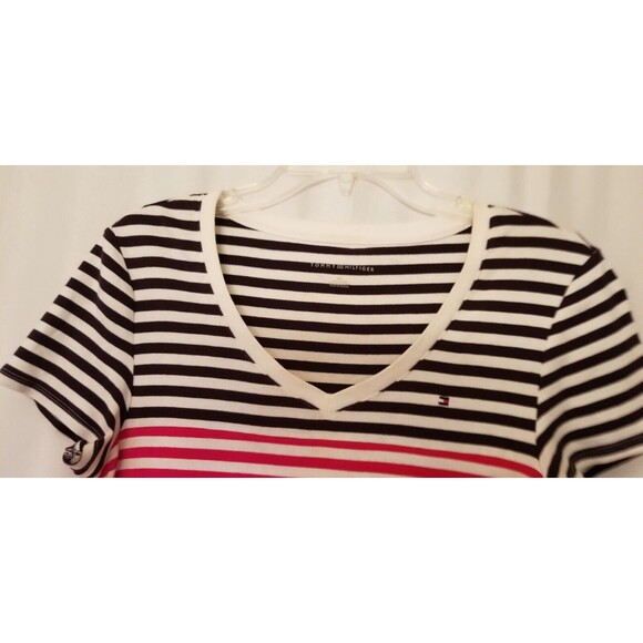 Tommy Hilfiger Stripe Women's V-Neck Top Red &White & Blue Logo USA Size Small - Picture 3 of 5